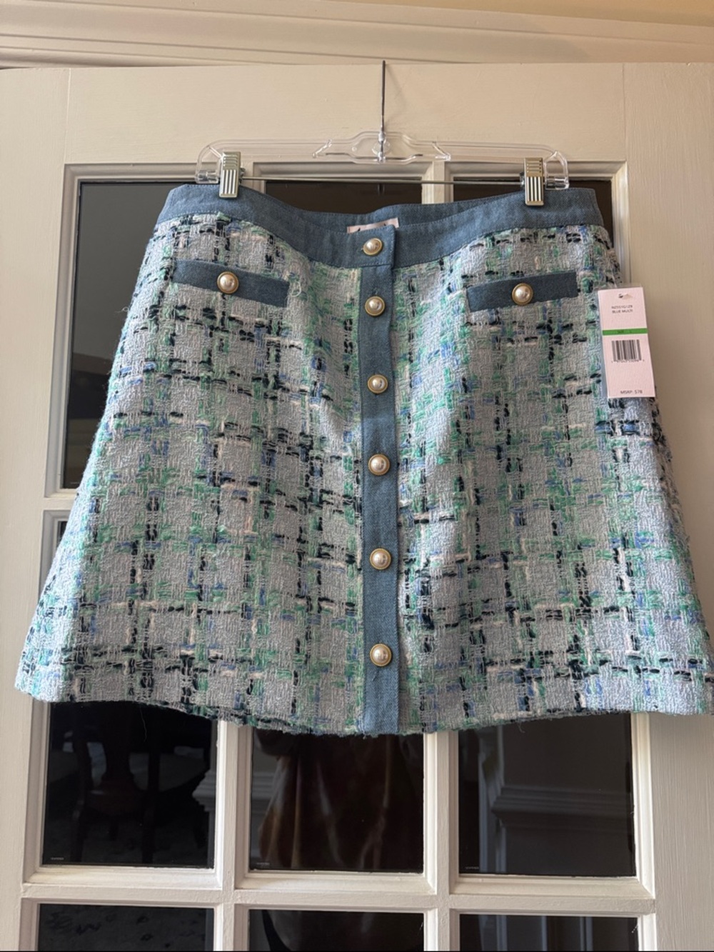 Nanette Lepore Blue Tweed Pearl-Button Mini Skirt